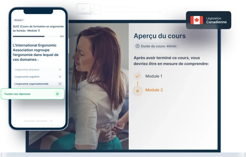 Maquettes d’ordinateurs portables et de téléphones de la formation en ligne Ergonomie au bureau, des icônes pour la disponibilité des appareils et un insigne de la législation canadienne