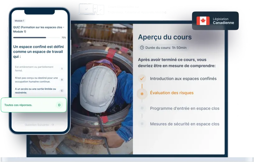 Maquettes d’ordinateurs portables et de téléphones de la formation en ligne Espace confiné, des icônes pour la disponibilité des appareils et un insigne de la législation canadienne
