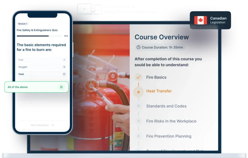 Laptop and phone mockups of Fire Safety & Extinguishers Online Training, icons for device availability, and Canadian legislation badge