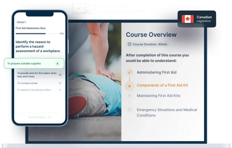 Laptop and phone mockups of First Aid Awareness Online Training, icons for device availability, and Canadian legislation badge
