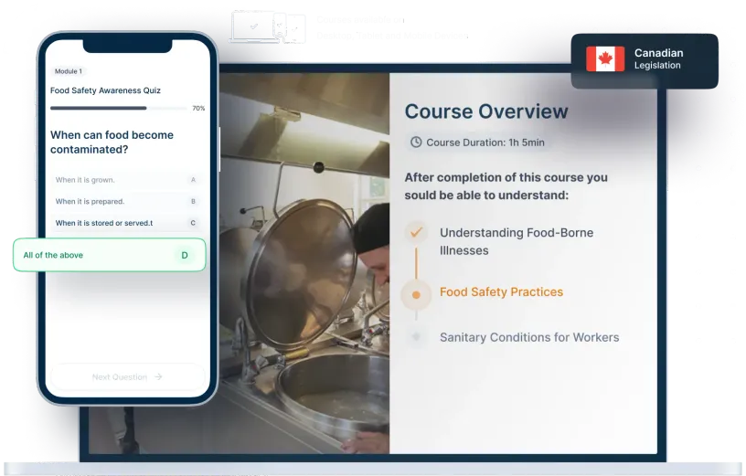 Laptop and phone mockups of Food Safety Online Training, icons for device availability, and Canadian legislation badge