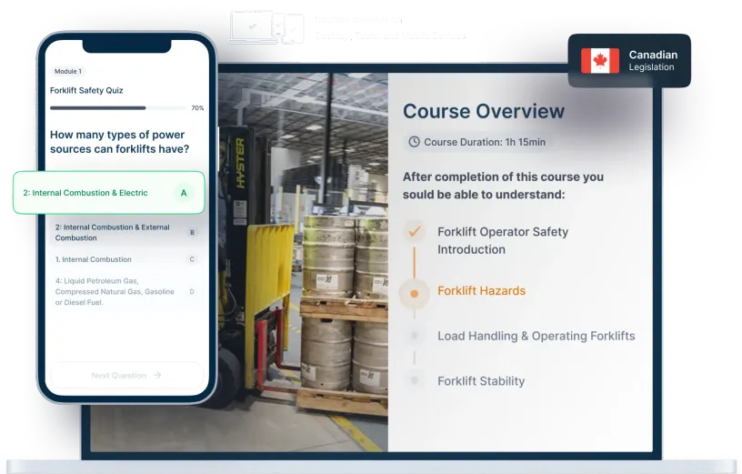 Laptop and phone mockups of Forklift Safety Online Training, icons for device availability, and Canadian legislation badge