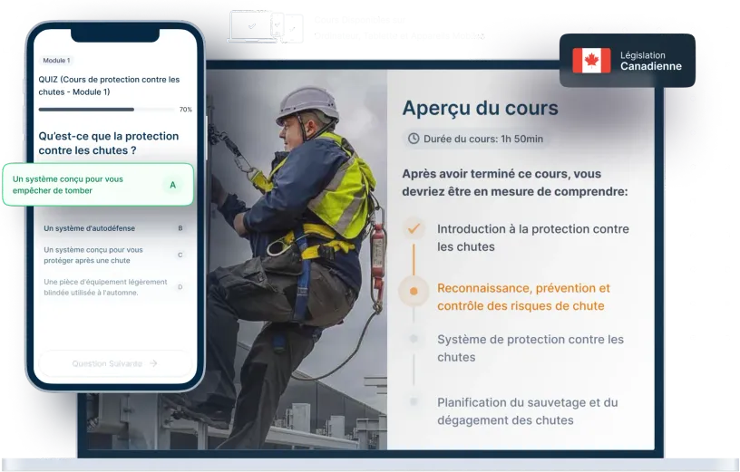 Maquettes d’ordinateurs portables et de téléphones de la formation en ligne Sécurité sur la protection contre les chutes, des icônes pour la disponibilité des appareils et un insigne de la législation canadienne
