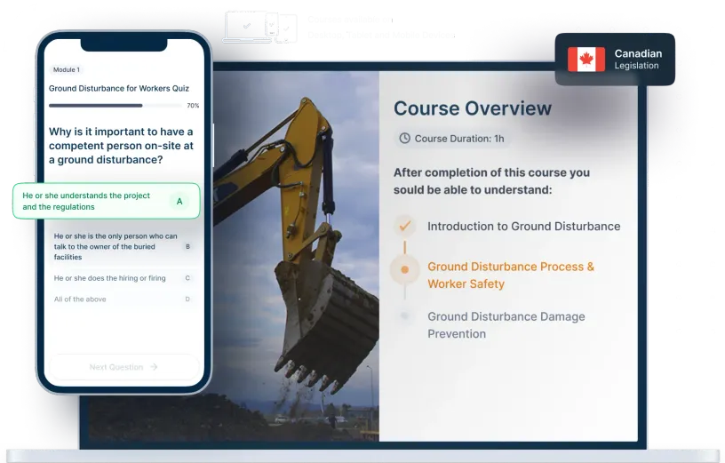 Laptop and phone mockups of Ground Disturbance Online Training, icons for device availability, and Canadian legislation badge