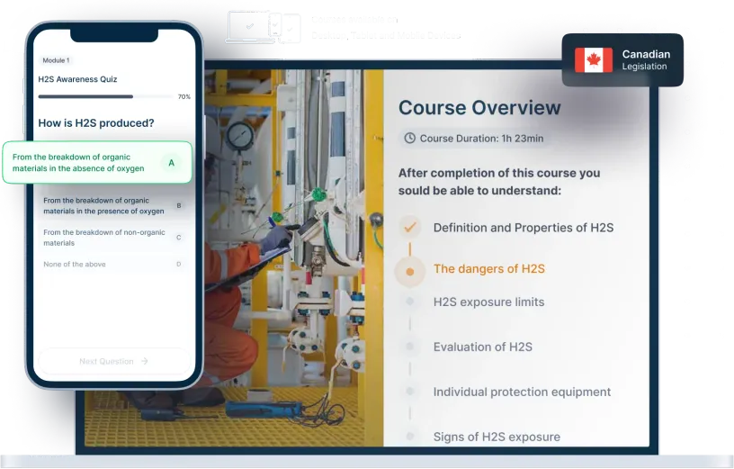 Laptop and phone mockups of H2S Awareness Online Training, icons for device availability, and Canadian legislation badge