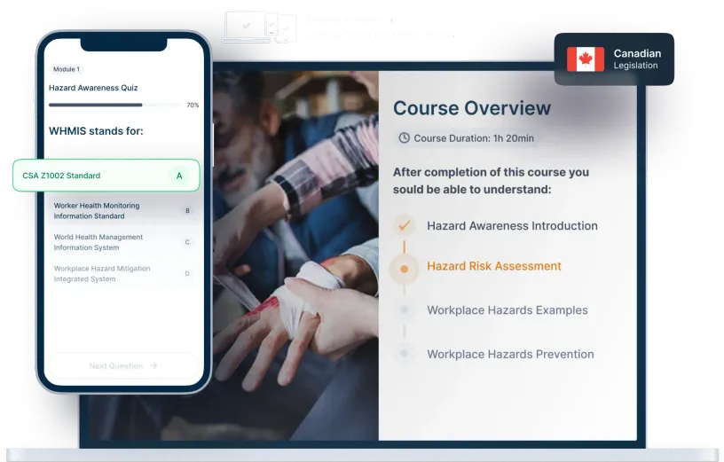 Laptop and phone mockups of Hazard Awareness Online Training, icons for device availability, and Canadian legislation badge