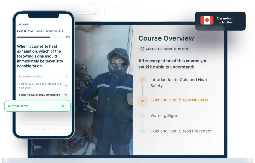 Laptop and phone mockups of Heat & Cold Stress Prevention Online Training, icons for device availability, and Canadian legislation badge
