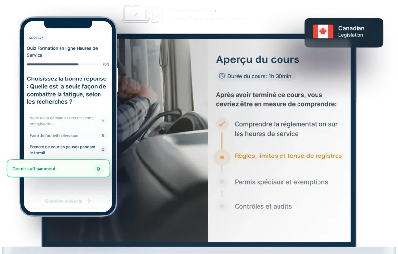 Maquettes d’ordinateurs portables et de téléphones de la formation en ligne Heures de Service, des icônes pour la disponibilité des appareils et un insigne de la législation canadienne