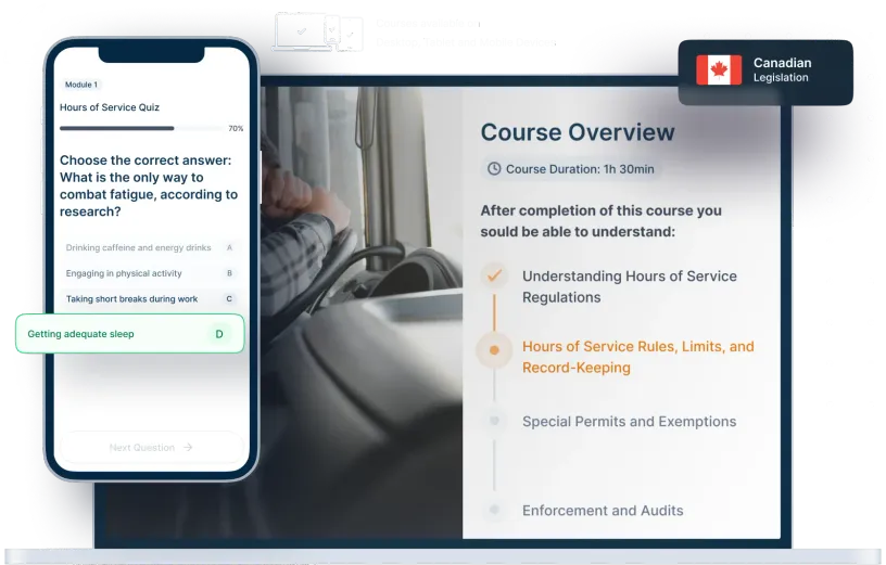 Laptop and phone mockups of Hours of Service Online Training, icons for device availability, and Canadian legislation badge