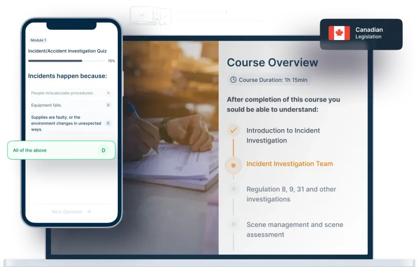 Laptop and phone mockups of Incident/Accident Investigation Online Training, icons for device availability, and Canadian legislation badge