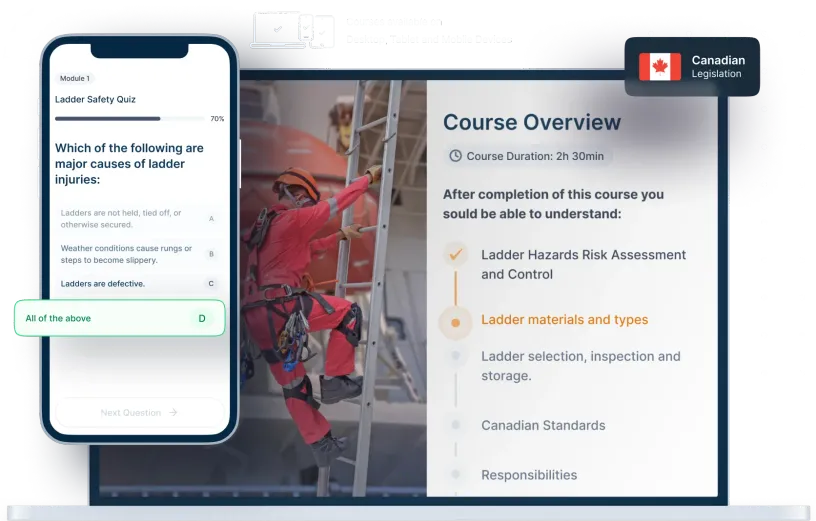 Laptop and phone mockups of Ladder Safety Online Training, icons for device availability, and Canadian legislation badge