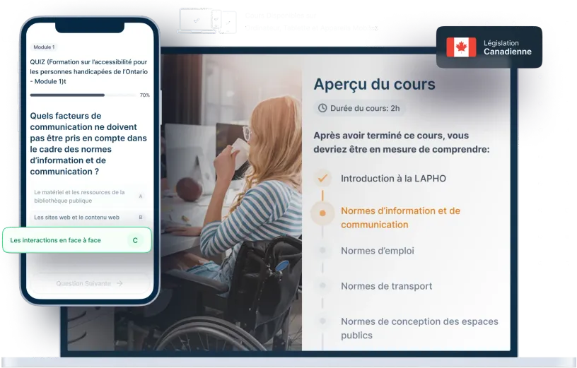 Maquettes d’ordinateurs portables et de téléphones de la formation en ligne LAPHO, des icônes pour la disponibilité des appareils et un insigne de la législation canadienne