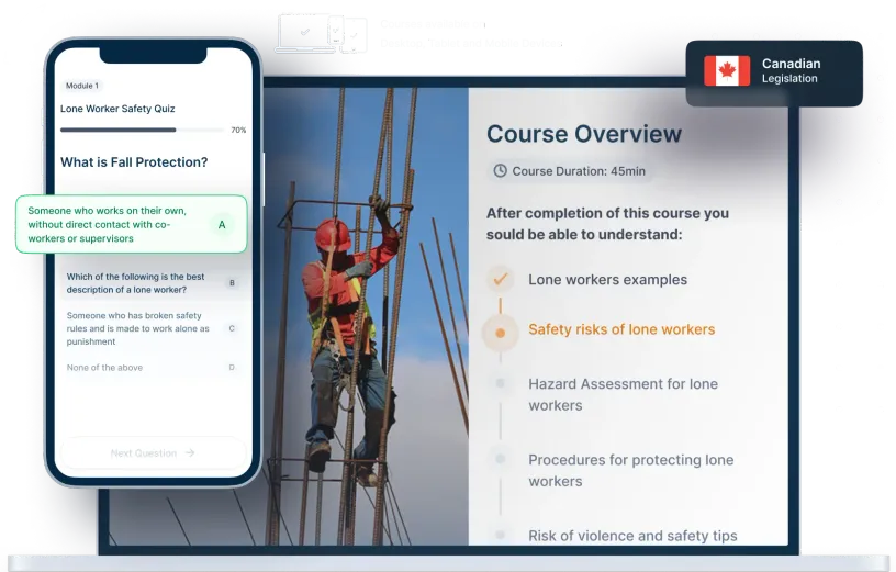 Laptop and phone mockups of Lone Worker Safety Online Training, icons for device availability, and Canadian legislation badge