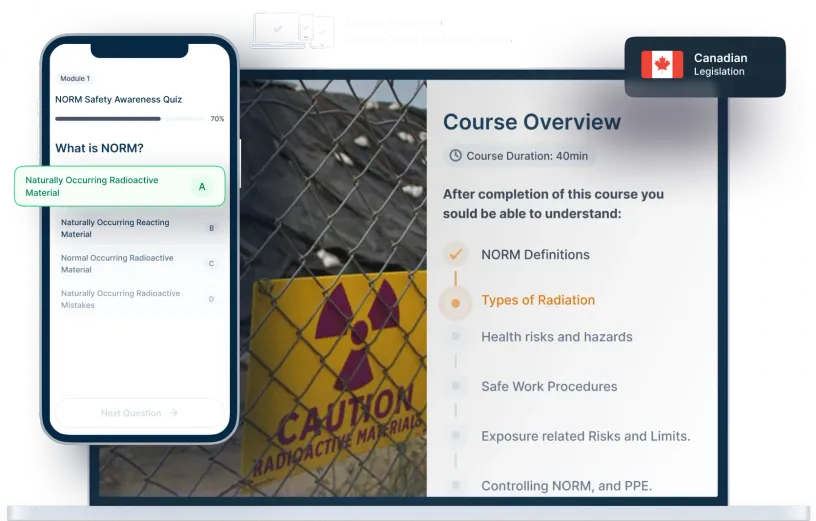 Laptop and phone mockups of NORM Safety Awareness Online Training, icons for device availability, and Canadian legislation badge