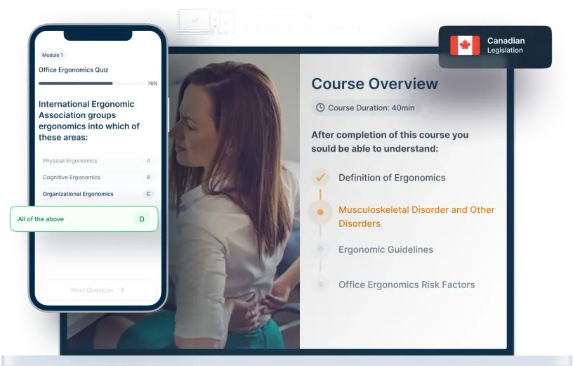 Laptop and phone mockups of Office Ergonomics Online Training, icons for device availability, and Canadian legislation badge