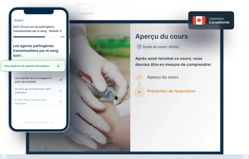 Maquettes d’ordinateurs portables et de téléphones de la formation en ligne Pathogènes à diffusion hématogène, des icônes pour la disponibilité des appareils et un insigne de la législation canadienne