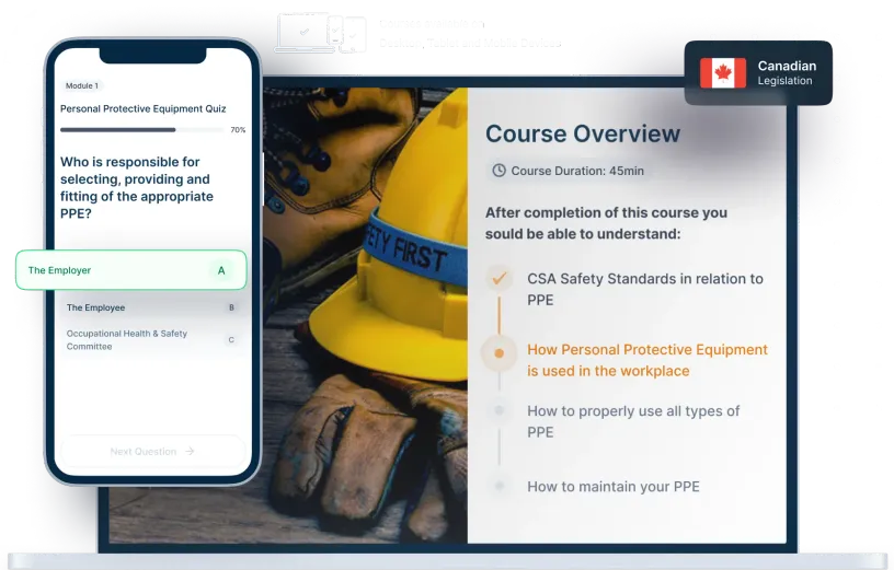 Laptop and phone mockups of PPE Online Training, icons for device availability, and Canadian legislation badge