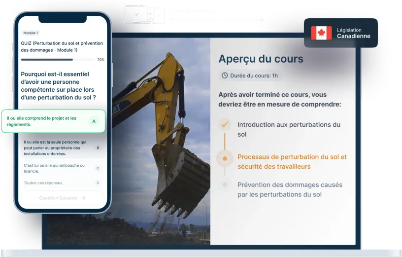Maquettes d’ordinateurs portables et de téléphones de la formation en ligne Perturbation du sol, des icônes pour la disponibilité des appareils et un insigne de la législation canadienne