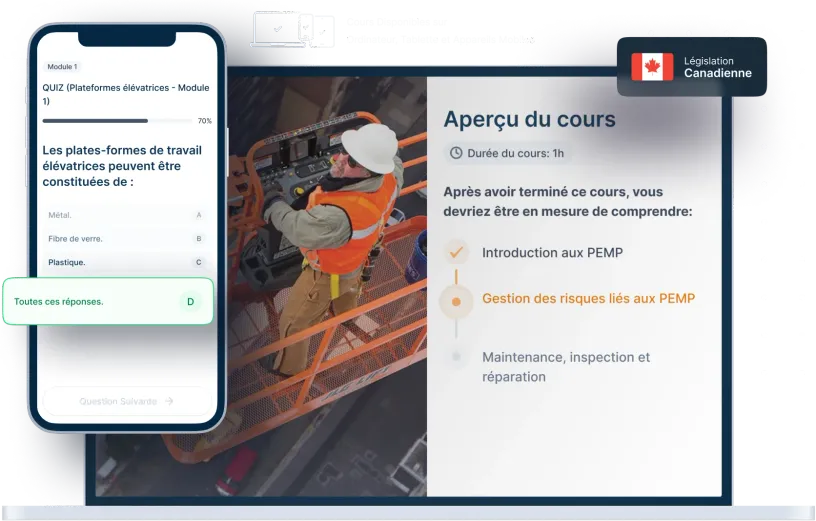 Maquettes d’ordinateurs portables et de téléphones de la formation en ligne Plate-forme de travail élévatrice, des icônes pour la disponibilité des appareils et un insigne de la législation canadienne