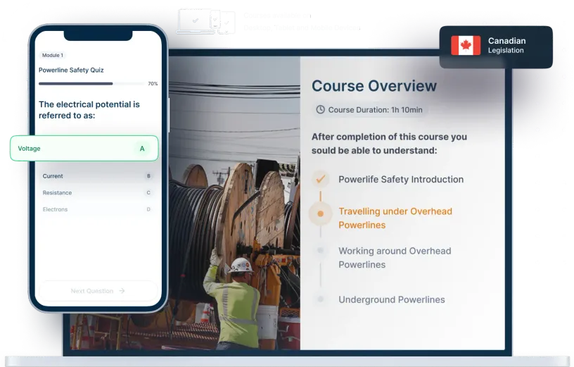 Laptop and phone mockups of Powerline Safety Online Training, icons for device availability, and Canadian legislation badge