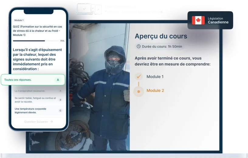 Maquettes d’ordinateurs portables et de téléphones de la formation en ligne Prévention du stress dû à la chaleur et au froid, des icônes pour la disponibilité des appareils et un insigne de la législation canadienne