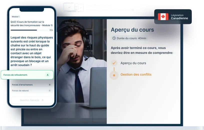 Maquettes d’ordinateurs portables et de téléphones de la formation en ligne Résolution de conflits, des icônes pour la disponibilité des appareils et un insigne de la législation canadienne