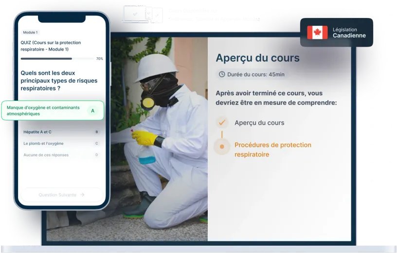 Maquettes d’ordinateurs portables et de téléphones de la formation en ligne Respirateurs, des icônes pour la disponibilité des appareils et un insigne de la législation canadienne