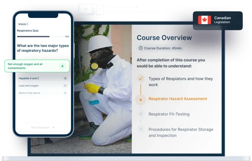 Laptop and phone mockups of Respirators Online Training, icons for device availability, and Canadian legislation badge