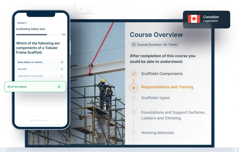 Laptop and phone mockups of Scaffolding Safety Online Training, icons for device availability, and Canadian legislation badge