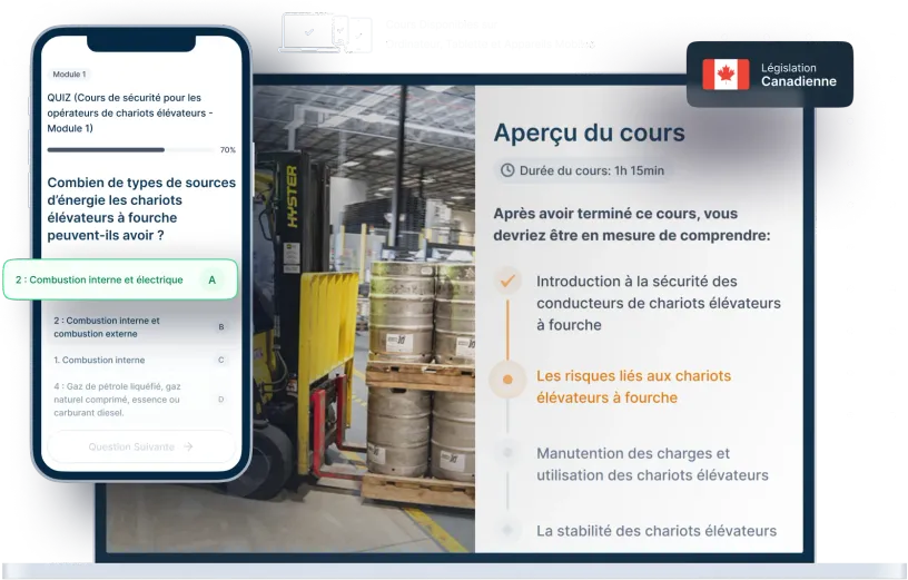 Maquettes d’ordinateurs portables et de téléphones de la formation en ligne Sécurité des chariots élévateurs à fourche, des icônes pour la disponibilité des appareils et un insigne de la législation canadienne