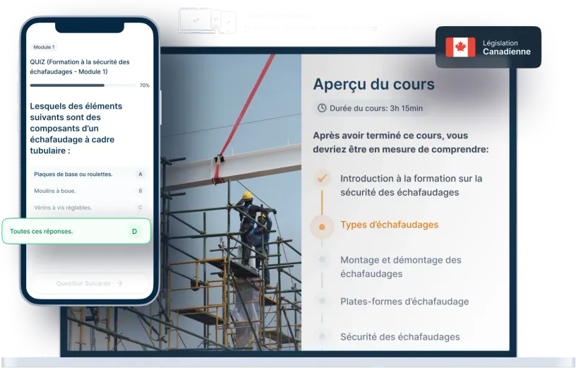 Maquettes d’ordinateurs portables et de téléphones de la formation en ligne Sécurité des échafaudages, des icônes pour la disponibilité des appareils et un insigne de la législation canadienne