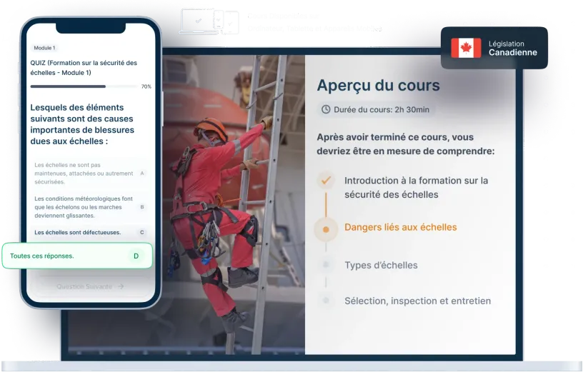 Maquettes d’ordinateurs portables et de téléphones de la formation en ligne Sécurité des échelles, des icônes pour la disponibilité des appareils et un insigne de la législation canadienne