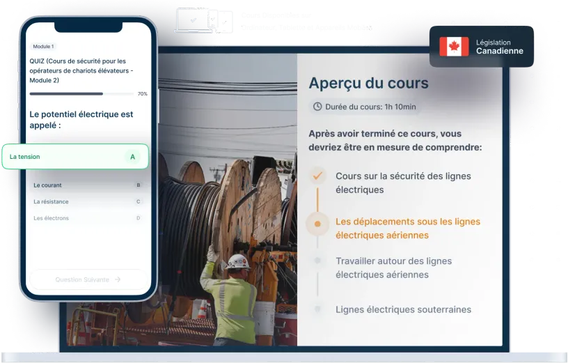 Maquettes d’ordinateurs portables et de téléphones de la formation en ligne Sécurité des lignes électriques, des icônes pour la disponibilité des appareils et un insigne de la législation canadienne