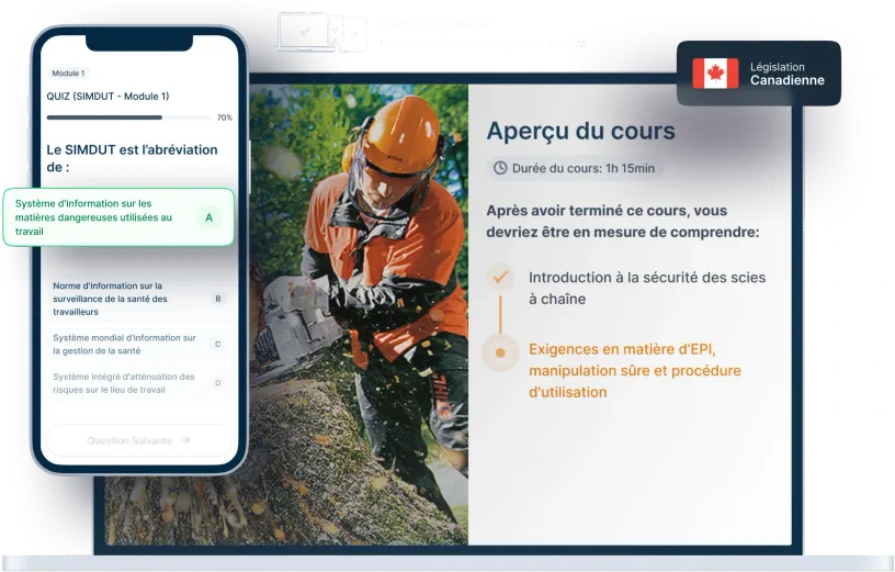 Maquettes d’ordinateurs portables et de téléphones de la formation en ligne Sécurité des tronçonneuses, des icônes pour la disponibilité des appareils et un insigne de la législation canadienne