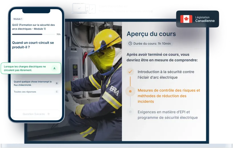 Maquettes d’ordinateurs portables et de téléphones de la formation en ligne Sécurité en cas d'éclair d'arc électrique, des icônes pour la disponibilité des appareils et un insigne de la législation canadienne