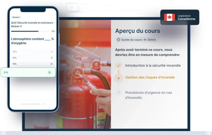 Maquettes d’ordinateurs portables et de téléphones de la formation en ligne Sécurité incendie et extincteurs, des icônes pour la disponibilité des appareils et un insigne de la législation canadienne