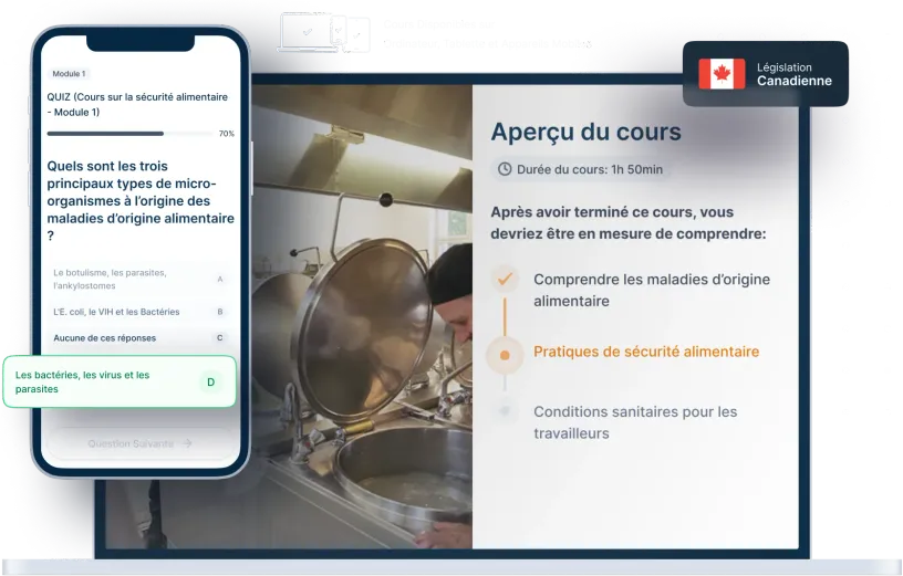 Maquettes d’ordinateurs portables et de téléphones de la formation en ligne Sensibilisation à la salubrité alimentaire, des icônes pour la disponibilité des appareils et un insigne de la législation canadienne