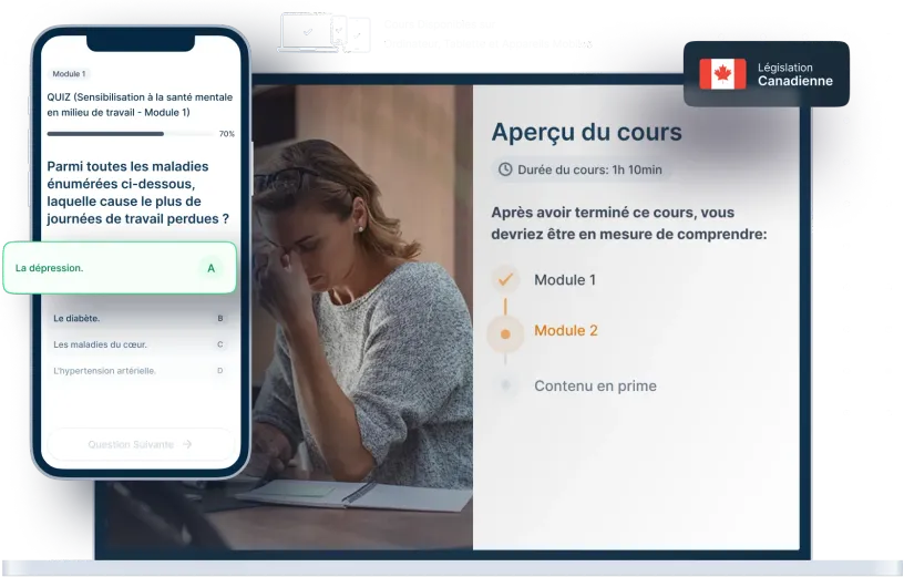 Maquettes d’ordinateurs portables et de téléphones de la formation en ligne Sensibilisation à la santé mentale en milieu de travail, des icônes pour la disponibilité des appareils et un insigne de la législation canadienne