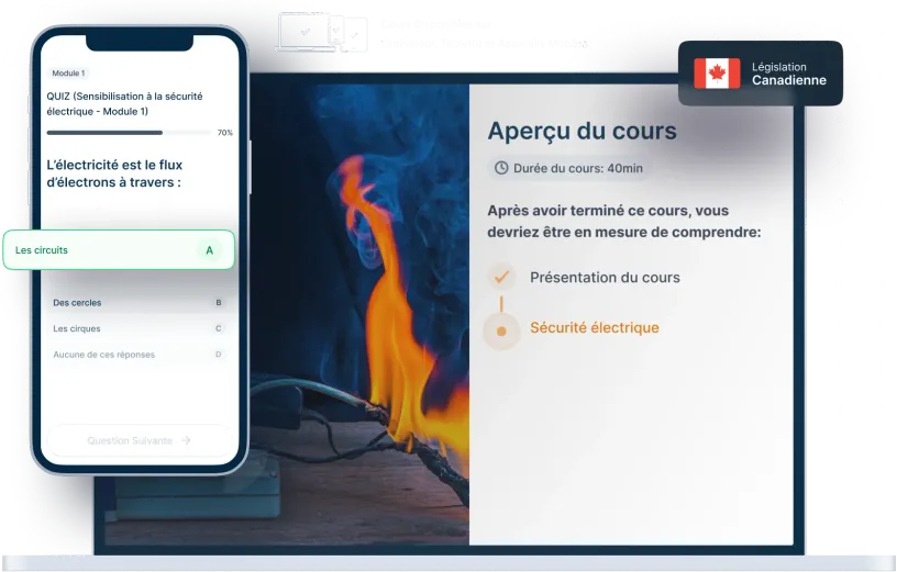 Maquettes d’ordinateurs portables et de téléphones de la formation en ligne Sensibilisation à la sécurité électrique, des icônes pour la disponibilité des appareils et un insigne de la législation canadienne