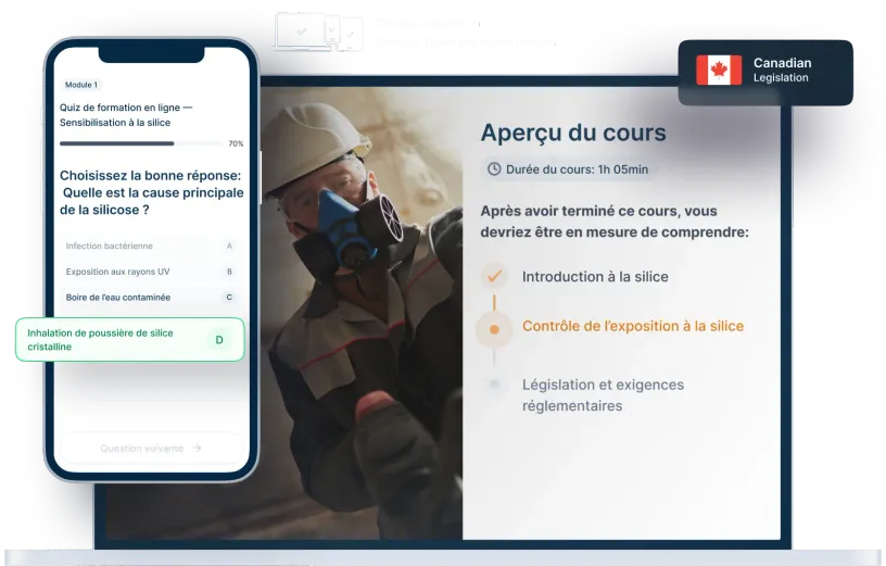 Maquettes d’ordinateurs portables et de téléphones de la formation en ligne Sensibilisation à la silice, des icônes pour la disponibilité des appareils et un insigne de la législation canadienne