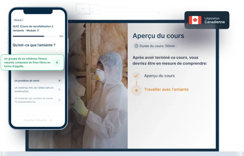 Maquettes d’ordinateurs portables et de téléphones de la formation en ligne Sensibilisation à l'amiante, des icônes pour la disponibilité des appareils et un insigne de la législation canadienne
