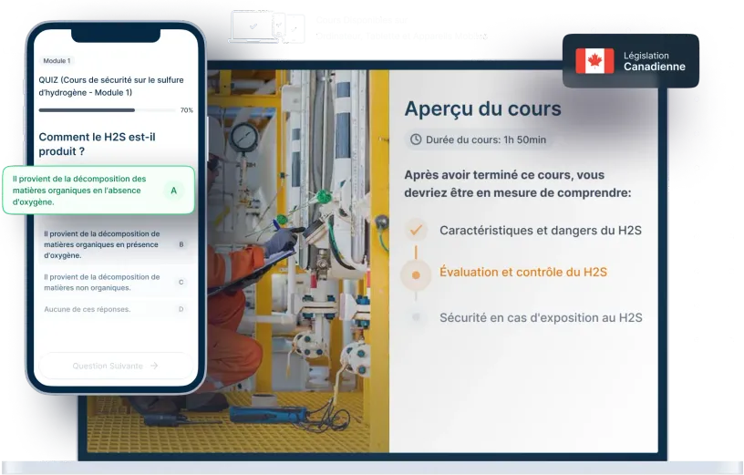 Maquettes d’ordinateurs portables et de téléphones de la formation en ligne Sensibilisation à l'H2S, des icônes pour la disponibilité des appareils et un insigne de la législation canadienne