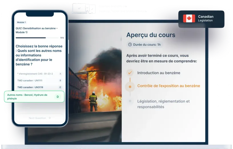 Maquettes d’ordinateurs portables et de téléphones de la formation en ligne Sensibilisation au benzène, des icônes pour la disponibilité des appareils et un insigne de la législation canadienne