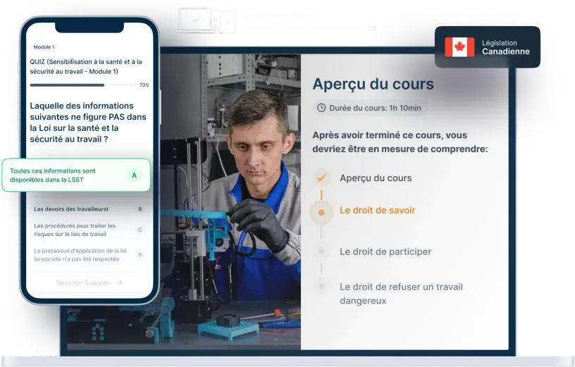 Maquettes d’ordinateurs portables et de téléphones de la formation en ligne Sensibilisation aux 4 étapes en milieu de travail, des icônes pour la disponibilité des appareils et un insigne de la législation canadienne