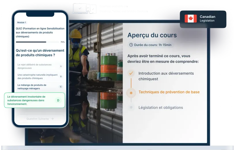 Maquettes d’ordinateurs portables et de téléphones de la formation en ligne Sensibilisation aux déversements chimiques, des icônes pour la disponibilité des appareils et un insigne de la législation canadienne