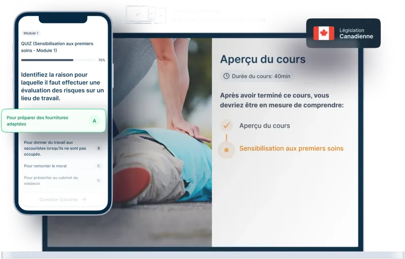 Maquettes d’ordinateurs portables et de téléphones de la formation en ligne Sensibilisation aux premiers soins, des icônes pour la disponibilité des appareils et un insigne de la législation canadienne
