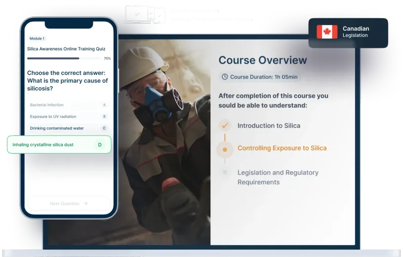 Laptop and phone mockups of Silica Awareness Online Training, icons for device availability, and Canadian legislation badge