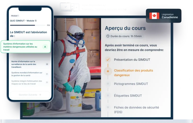 Maquettes d’ordinateurs portables et de téléphones de la formation en ligne SIMDUT, des icônes pour la disponibilité des appareils et un insigne de la législation canadienne