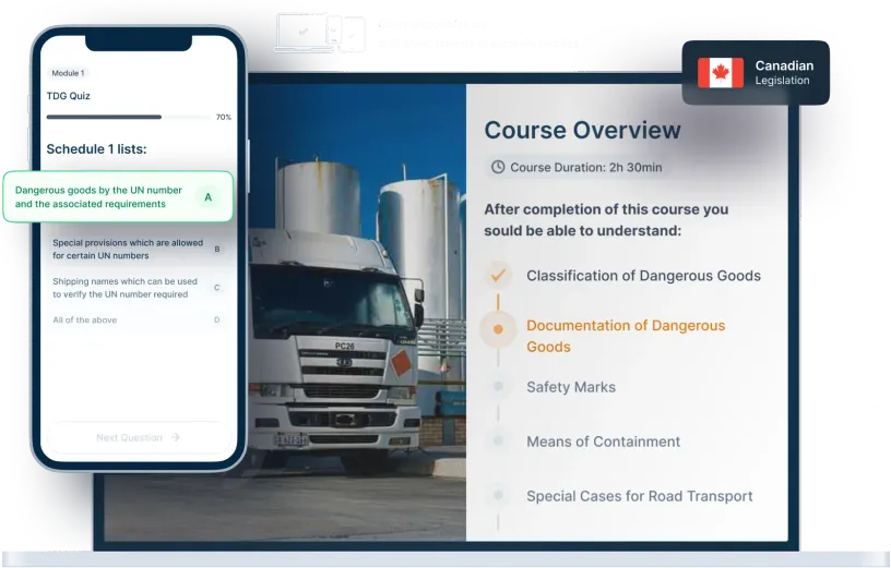 Laptop and phone mockups of TDG Online Training, icons for device availability, and Canadian legislation badge
