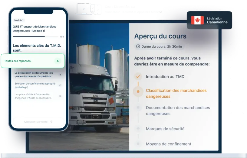 Maquettes d’ordinateurs portables et de téléphones de la formation en ligne TMD, des icônes pour la disponibilité des appareils et un insigne de la législation canadienne